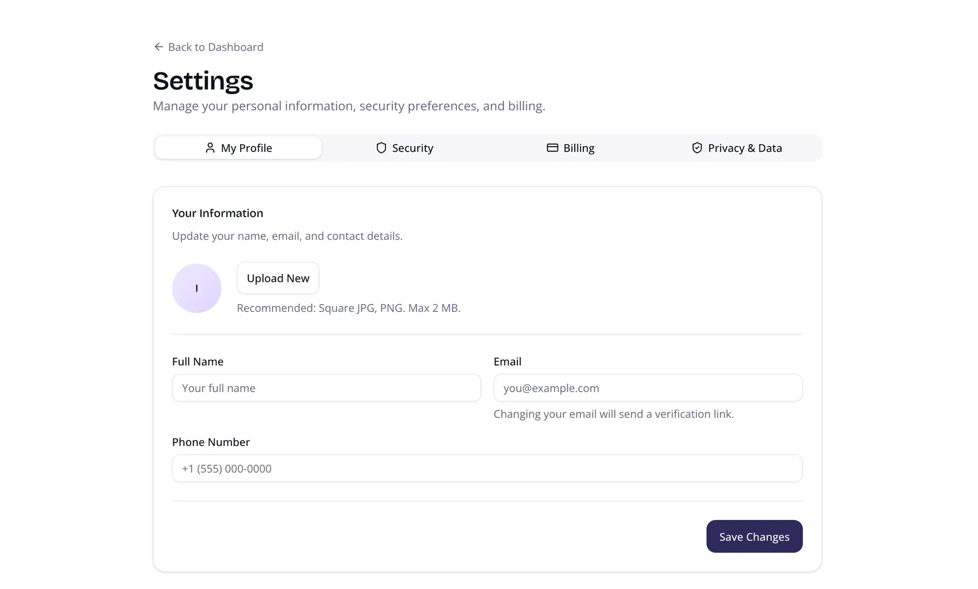Account Settings — profile, security, billing, and privacy