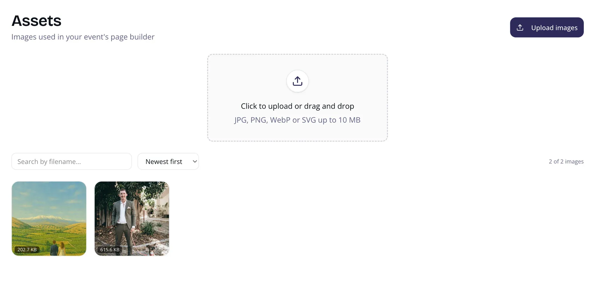 Asset Gallery — upload, browse, and manage your event images
