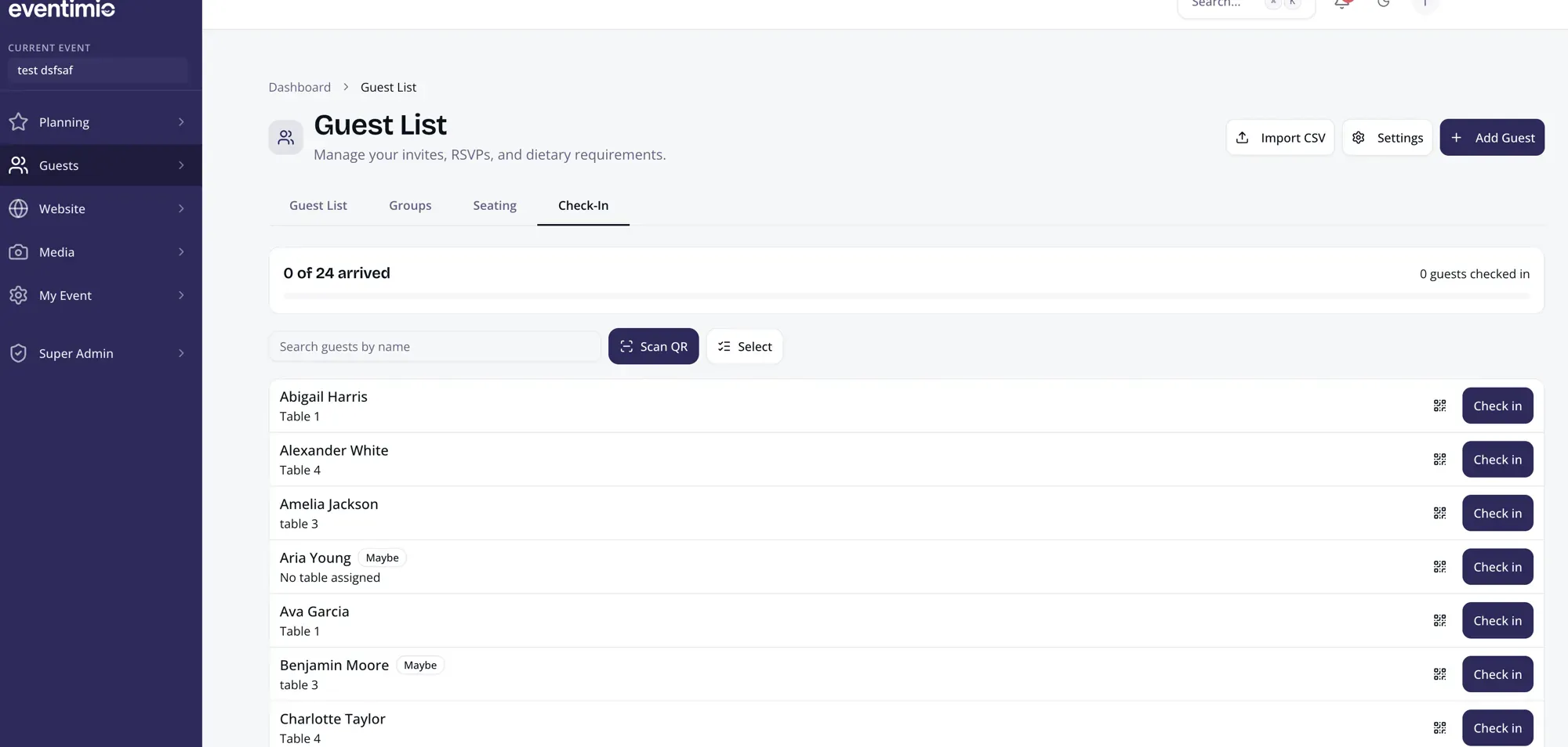Check-In tab showing live arrival progress, search, Scan QR and Select buttons, and guest rows with individual check-in actions.