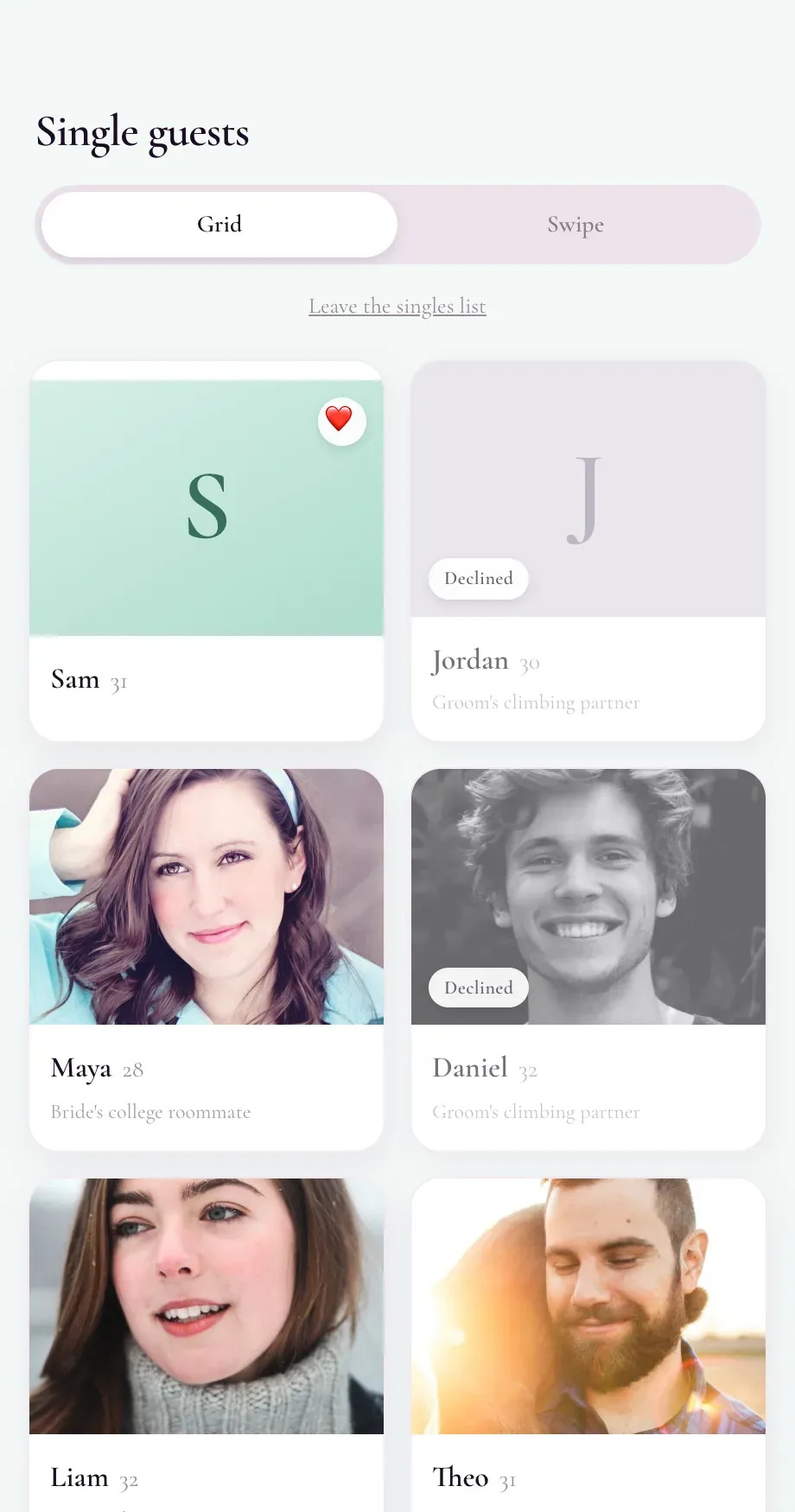 The Singles Matching mini-app: single guests browse each other’s cards, liked ones badged and passed ones greyed as declined.